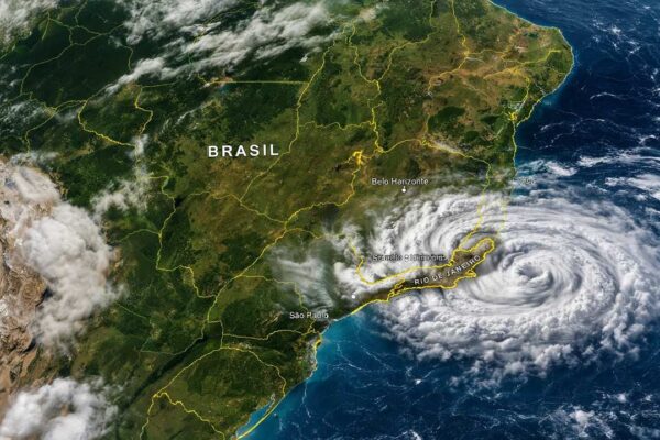 Imagem de satélite mostra ciclone sobre o oceano, afetando o tempo no Sudeste do Brasil.