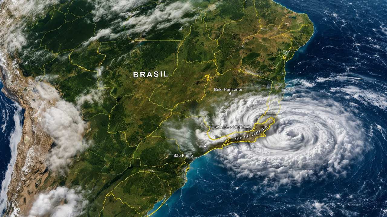 Imagem de satélite mostra ciclone sobre o oceano, afetando o tempo no Sudeste do Brasil.