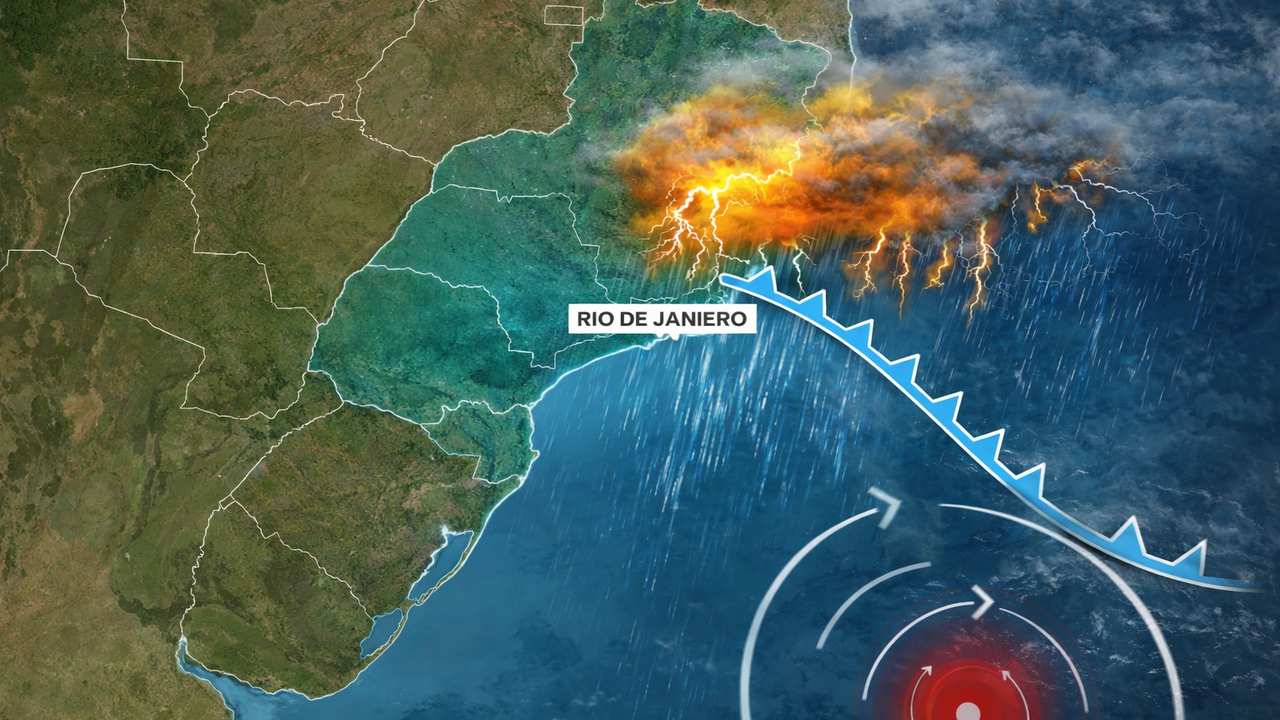 Imagem de satélite mostra frente fria avançando sobre o Rio de Janeiro com raios e chuva intensa.