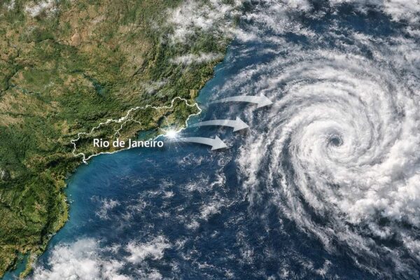 Imagem de satélite mostra tempestade se aproximando do Rio de Janeiro com alertas de chuva e vento.