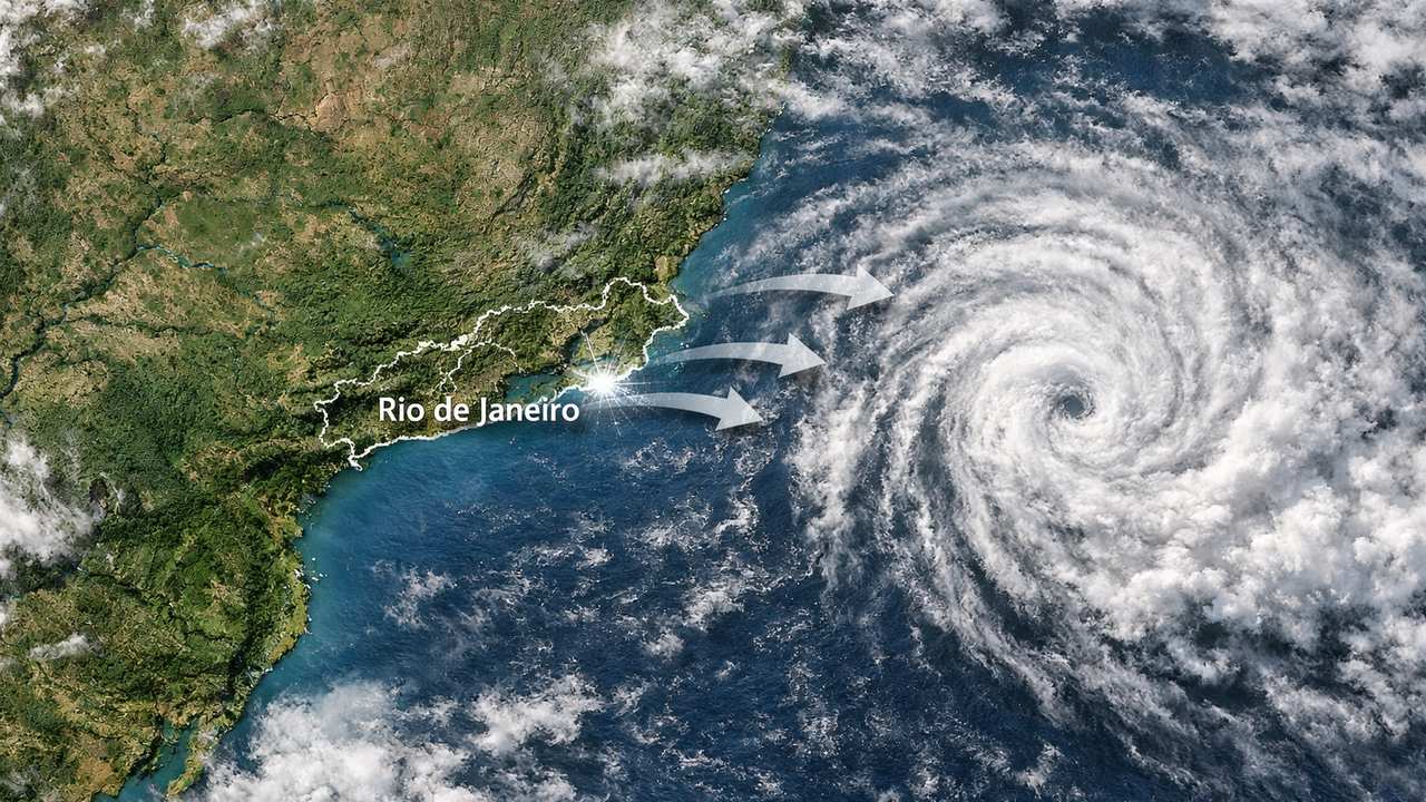 Imagem de satélite mostra tempestade se aproximando do Rio de Janeiro com alertas de chuva e vento.
