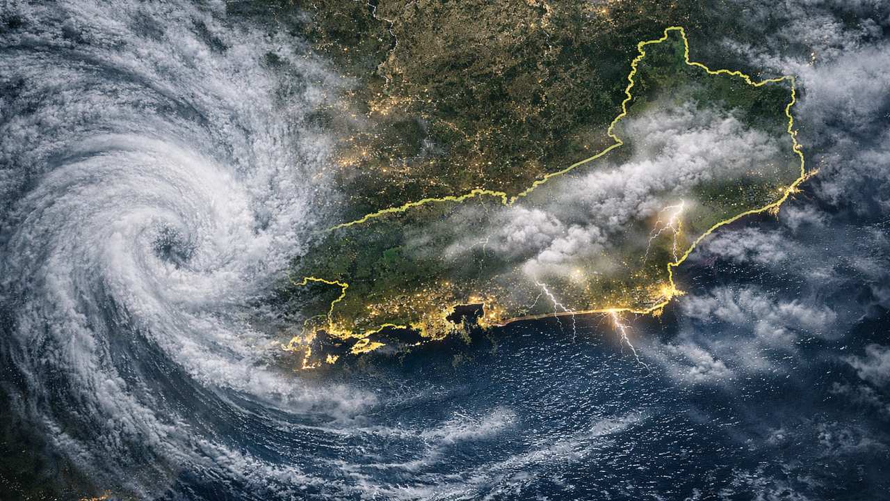 Imagem de satélite mostra tempestade sobre o Rio de Janeiro com raios e contorno do estado em destaque.