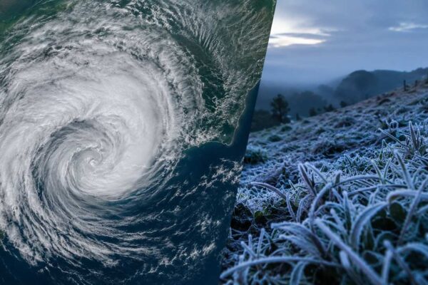 Imagem dividida mostrando furacão e gramado com geada, ilustrando a mudança climática.