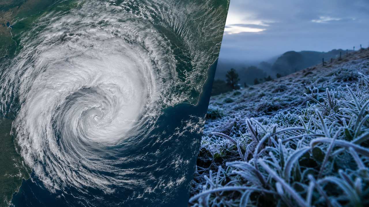 Imagem dividida mostrando furacão e gramado com geada, ilustrando a mudança climática.