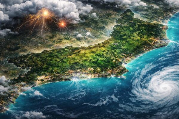 Imagem ilustrativa de uma tempestade sobre área costeira. Um furacão se aproxima.