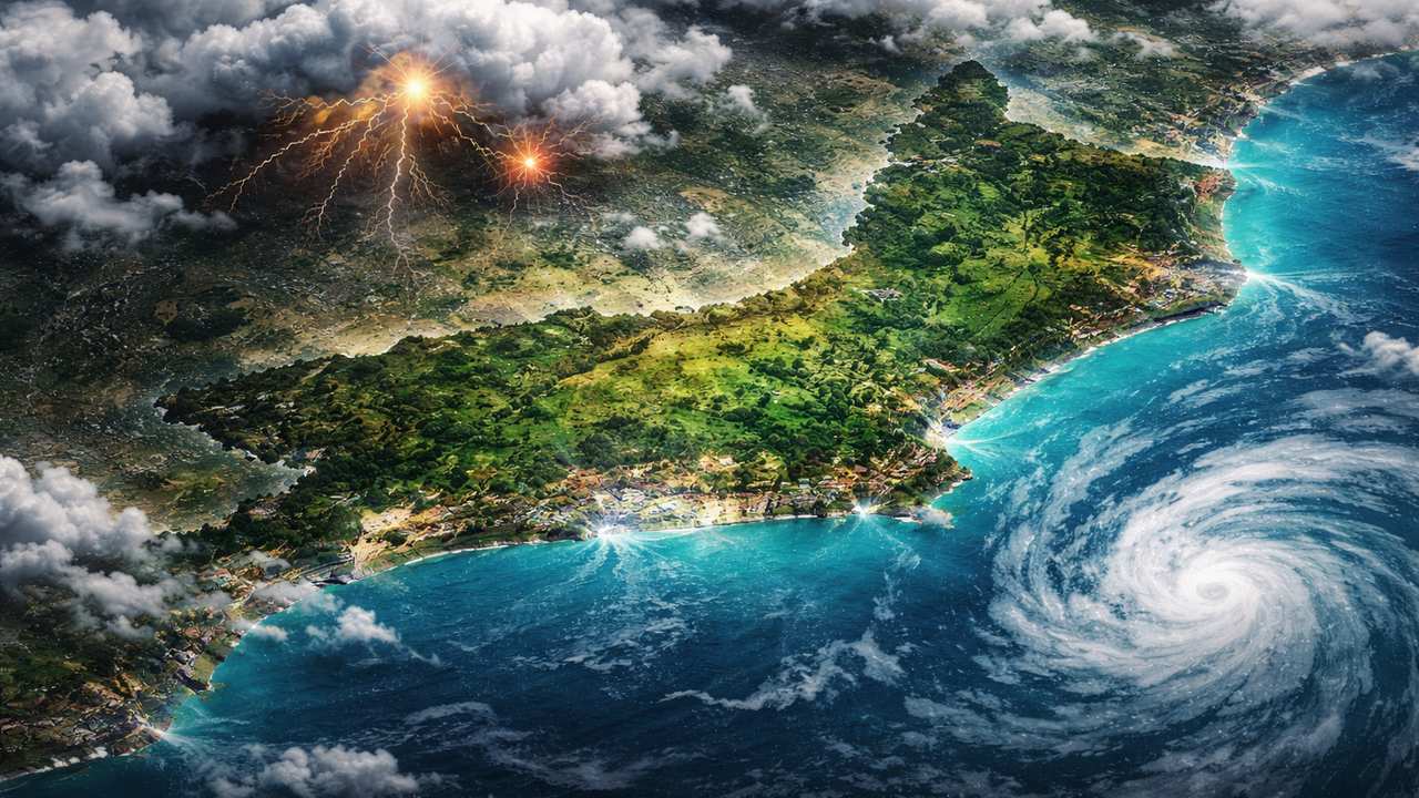 Imagem ilustrativa de uma tempestade sobre área costeira. Um furacão se aproxima.