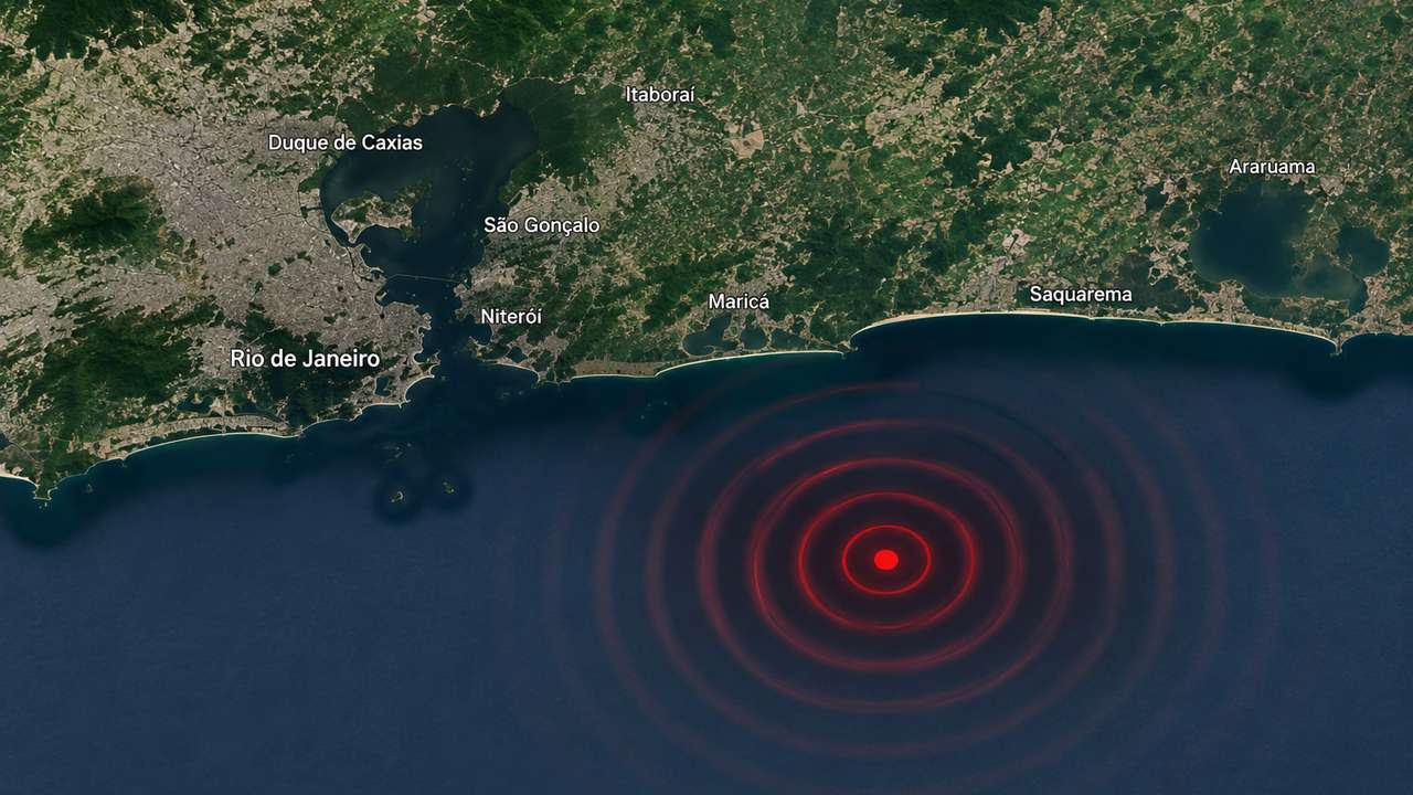 Imagem mostrando o mar com círculos vermelhos indicando um tremor de terra próximo ao Rio de Janeiro.