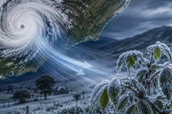 Imagem mostrando um furacão e plantas congeladas, simbolizando mudança climática e queda de temperatura.