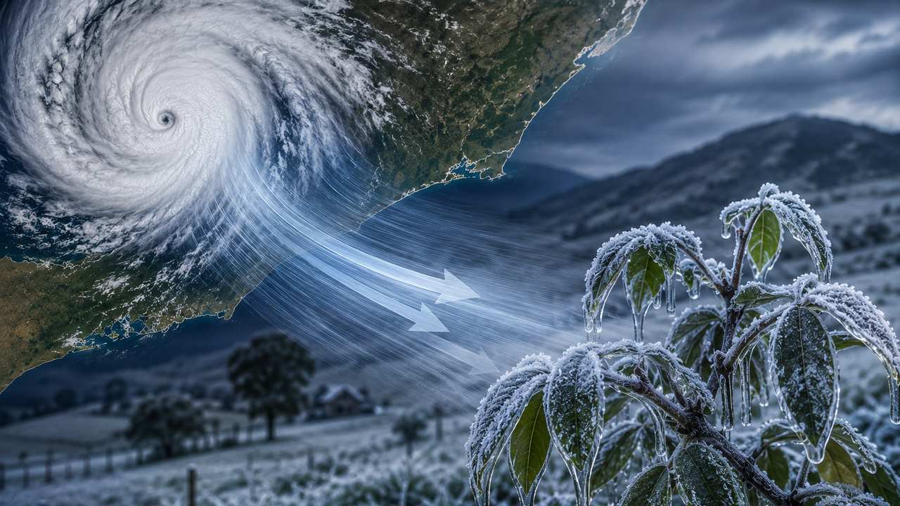 Imagem mostrando um furacão e plantas congeladas, simbolizando mudança climática e queda de temperatura.