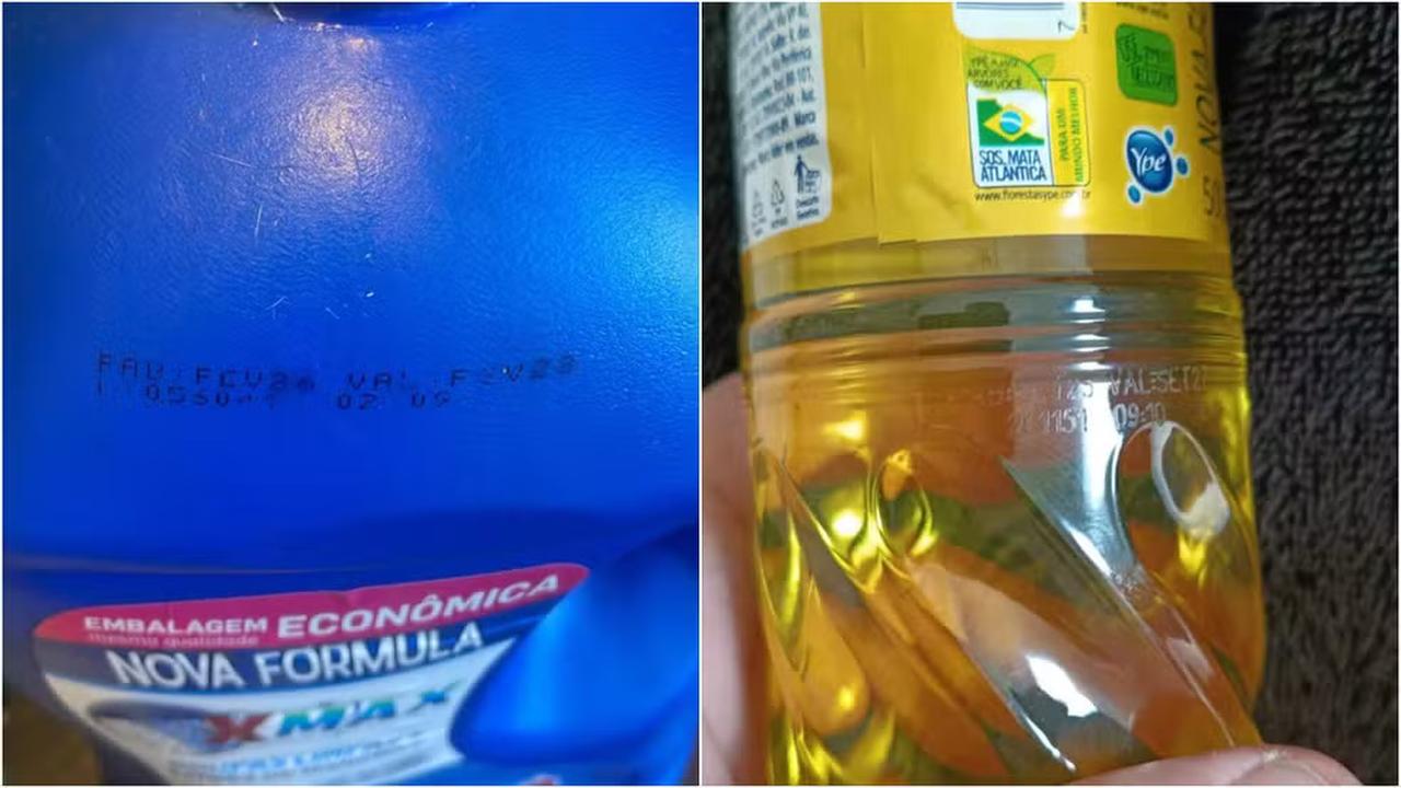 Imagens mostram detalhes de produtos da Ypê, incluindo datas de fabricação e lotes.