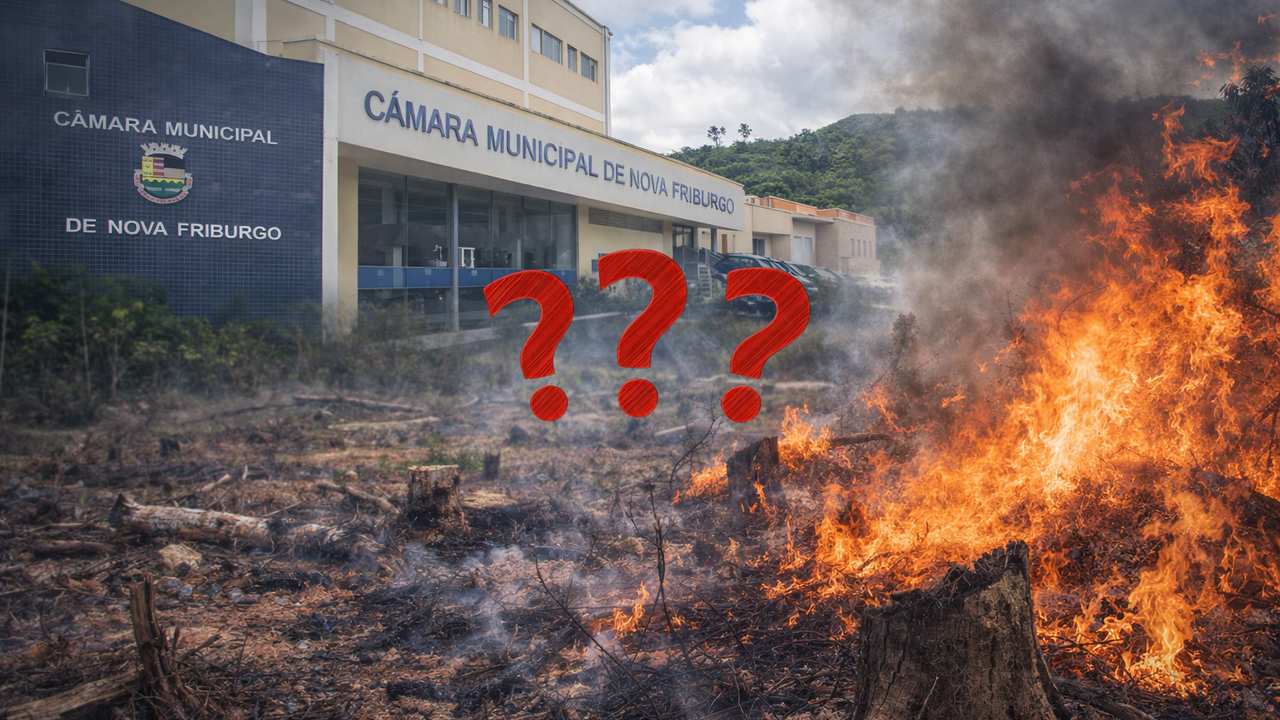 Incêndio florestal com Câmara Municipal de Nova Friburgo ao fundo, questionamentos sobre desmatamento.