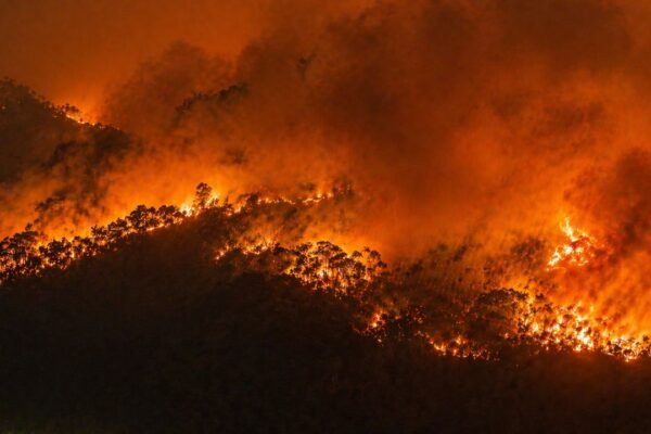 Incêndio florestal em morro com chamas alaranjadas e fumaça densa, Rio de Janeiro.