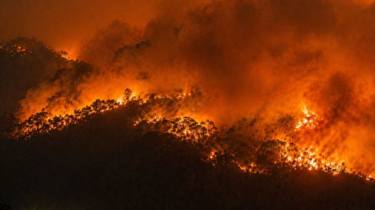 Incêndio florestal em morro com chamas alaranjadas e fumaça densa, Rio de Janeiro.