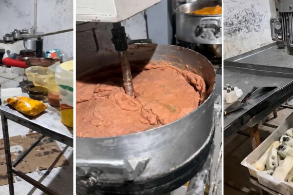 Interior de fábrica clandestina de salgados com equipamentos e alimentos em condições insalubres.