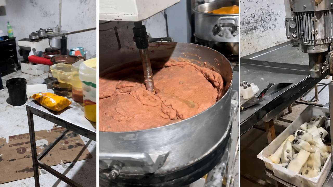 Interior de fábrica clandestina de salgados com equipamentos e alimentos em condições insalubres.