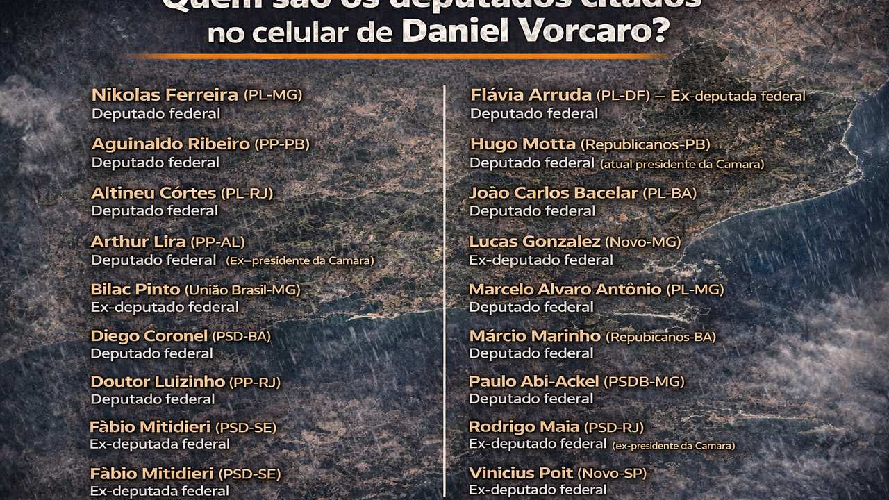 Lista de deputados citados no celular de Daniel Vorcaro, incluindo nomes, partidos e cargos.
