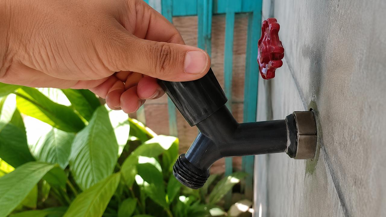 Mão abrindo torneira preta em parede, com crise hídrica no Rio de Janeiro