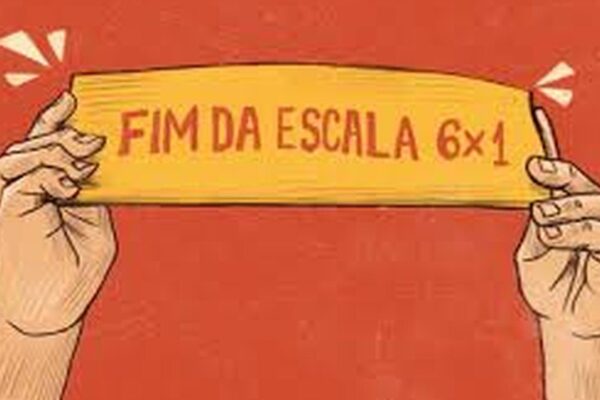Mãos segurando placa com a frase 'FIM DA ESCALA 6x1' em fundo vermelho.