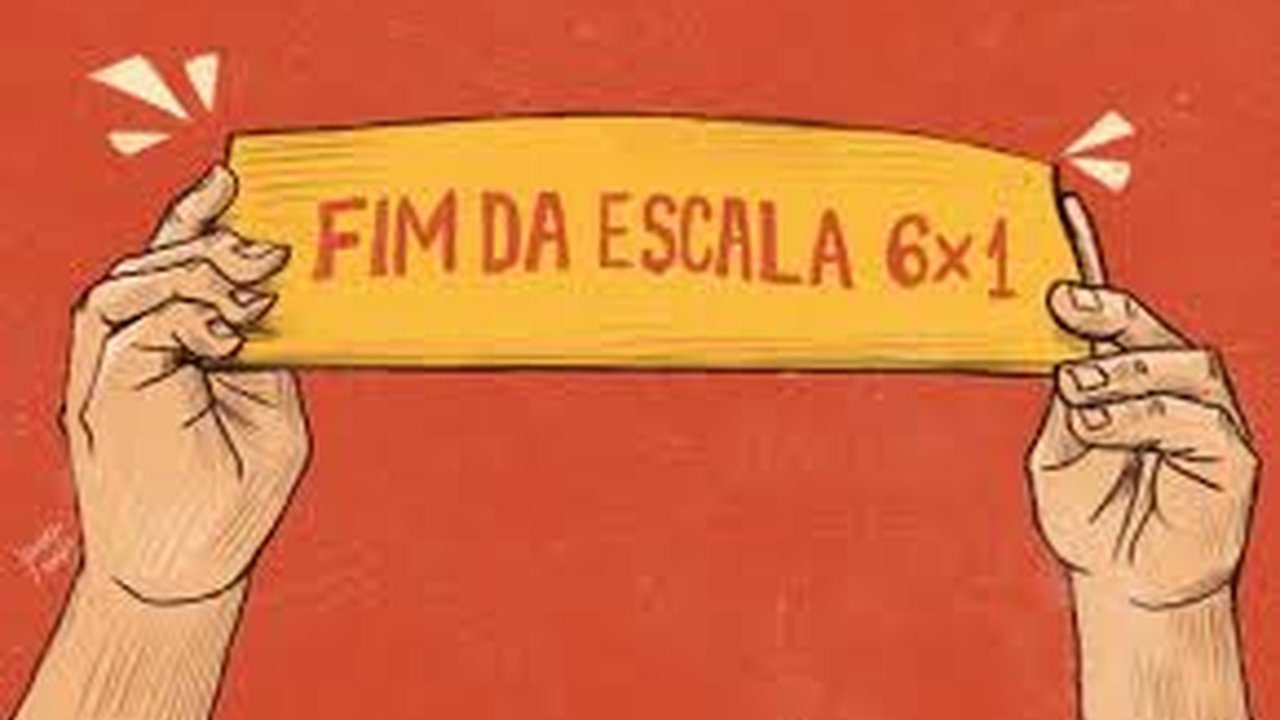 Mãos segurando placa com a frase 'FIM DA ESCALA 6x1' em fundo vermelho.