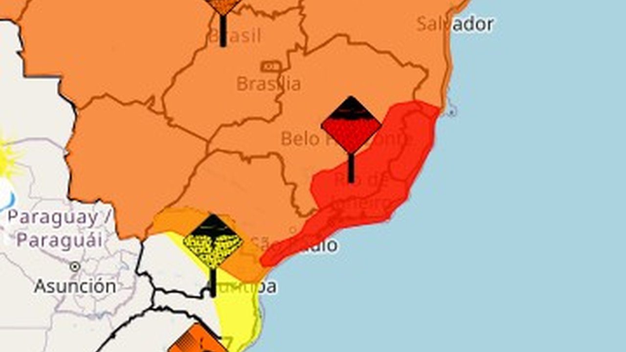 Mapa de alerta do Inmet indica áreas de risco de chuva intensa no Rio de Janeiro e estados vizinhos.