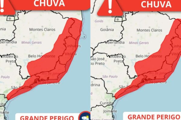 Mapa de áreas com alerta de chuva intensa no Sudeste do Brasil, com destaque para Rio de Janeiro e Espírito Santo.