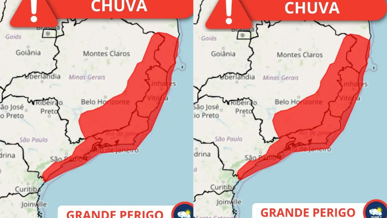 Mapa de áreas com alerta de chuva intensa no Sudeste do Brasil, com destaque para Rio de Janeiro e Espírito Santo.
