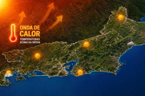 Mapa de calor no Rio de Janeiro: temperaturas acima da média. Sol e setas indicam a onda de calor.