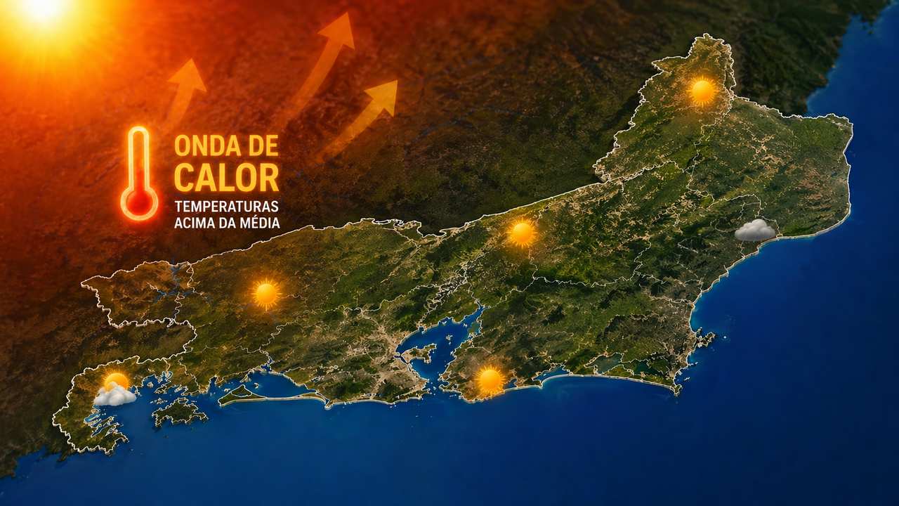 Mapa de calor no Rio de Janeiro: temperaturas acima da média. Sol e setas indicam a onda de calor.