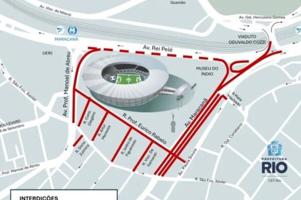 Mapa de interdições de trânsito no Rio de Janeiro, com destaque para o Maracanã e vias adjacentes.