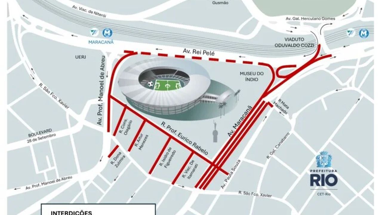 Mapa de interdições de trânsito no Rio de Janeiro, com destaque para o Maracanã e vias adjacentes.