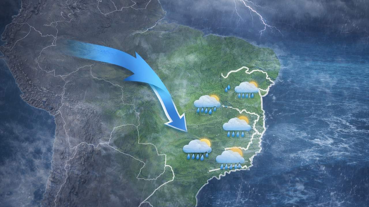 Mapa de previsão do tempo com chuva, nuvens e raios sobre o Brasil, com foco no Rio de Janeiro.