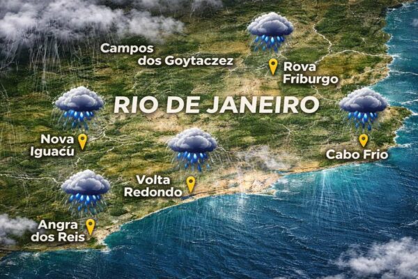 Mapa do estado do Rio de Janeiro com previsão de chuva para várias cidades.