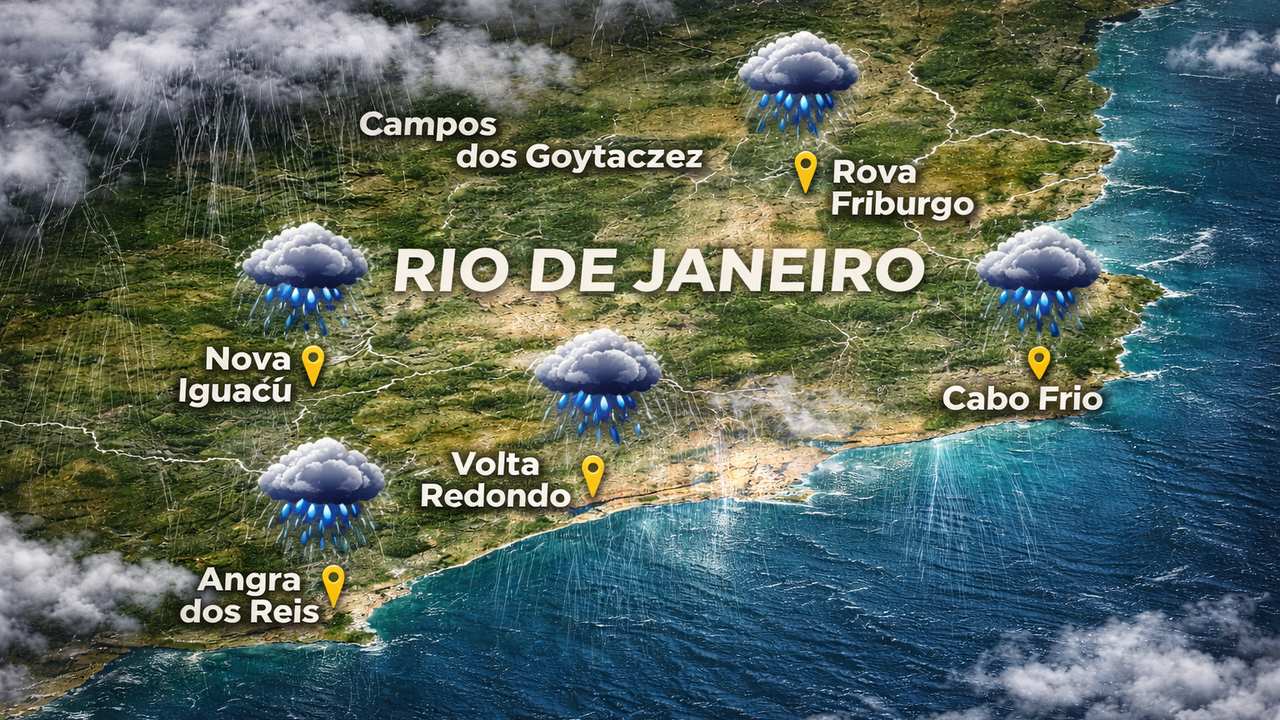 Mapa do estado do Rio de Janeiro com previsão de chuva para várias cidades.