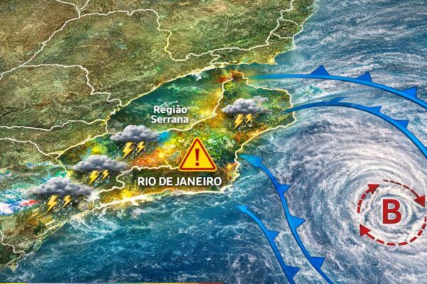 Mapa meteorológico mostra ciclone no Atlântico Sul com alerta de tempestade no Rio de Janeiro e Região Serrana.