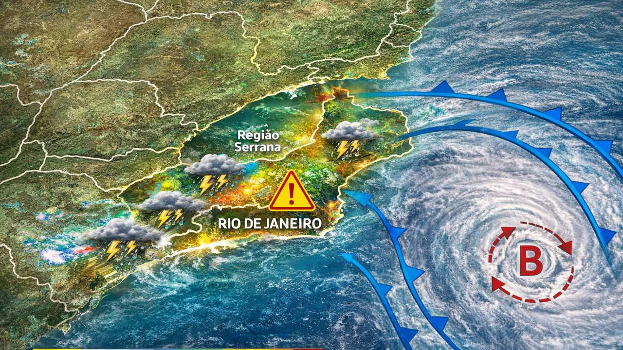 Mapa meteorológico mostra ciclone no Atlântico Sul com alerta de tempestade no Rio de Janeiro e Região Serrana.