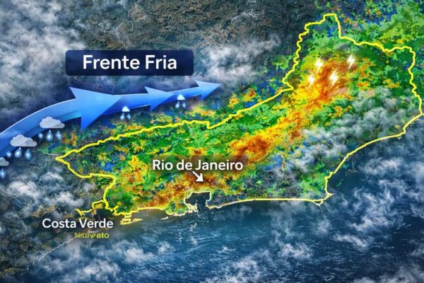 Mapa meteorológico mostra frente fria se aproximando do Rio de Janeiro com chuva e raios.