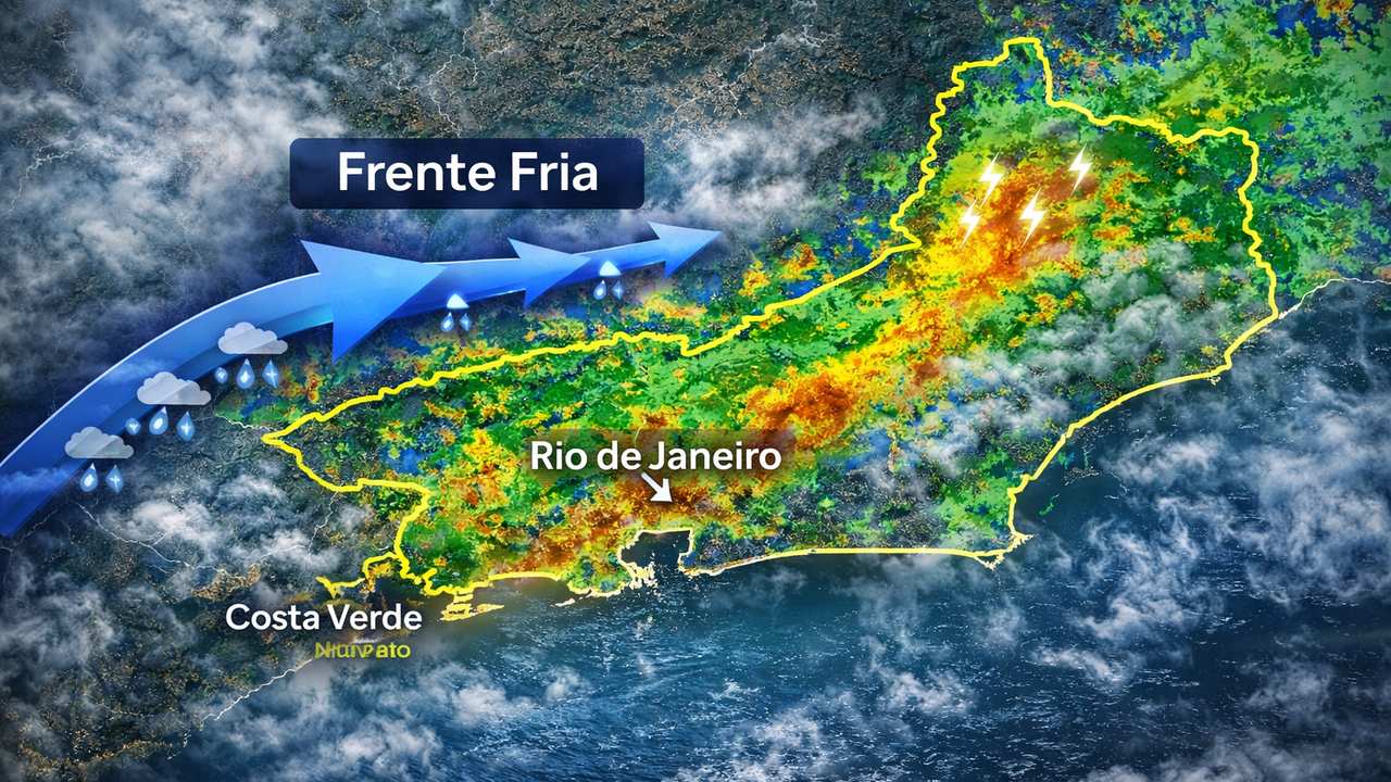 Mapa meteorológico mostra frente fria se aproximando do Rio de Janeiro com chuva e raios.