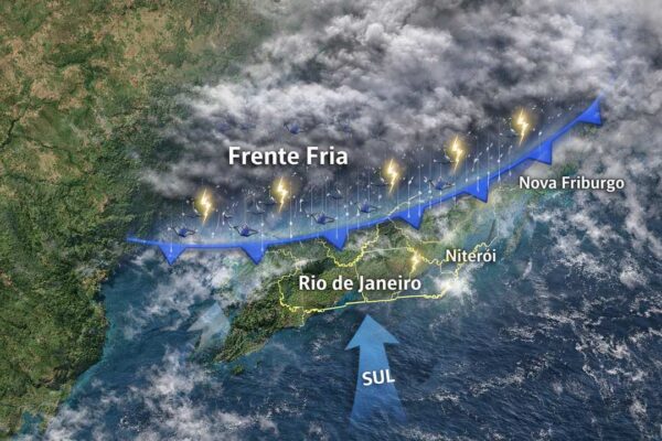 Mapa meteorológico mostra frente fria sobre Rio de Janeiro com previsão de chuva e variação de temperatura.