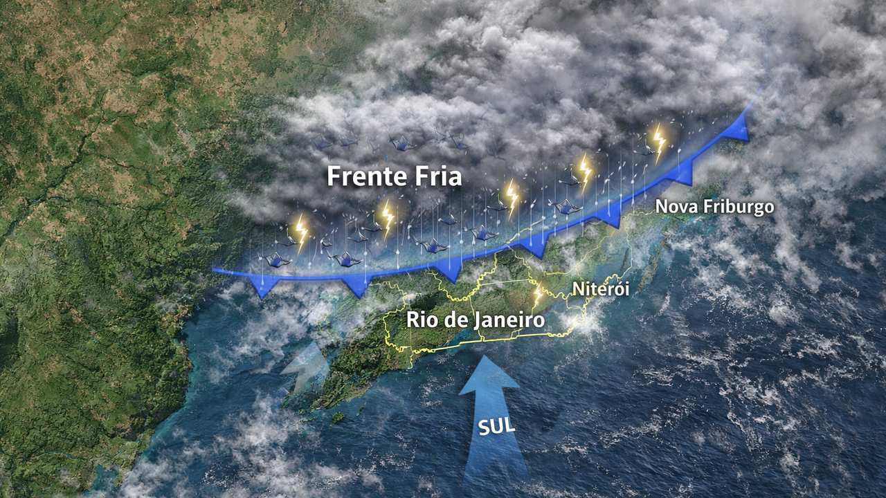 Mapa meteorológico mostra frente fria sobre Rio de Janeiro com previsão de chuva e variação de temperatura.