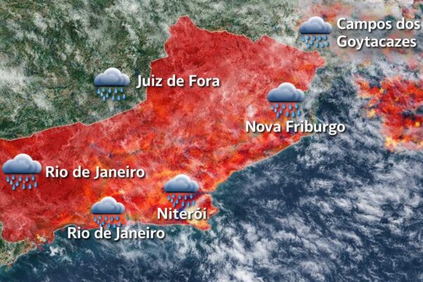 Mapa meteorológico mostra previsão de chuva intensa no estado do Rio de Janeiro, com alerta do Inmet para risco de alagamentos e deslizamentos.