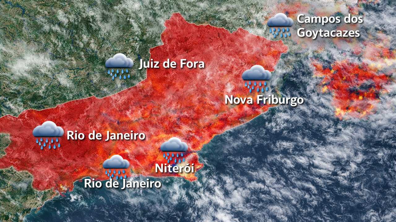 Mapa meteorológico mostra previsão de chuva intensa no estado do Rio de Janeiro, com alerta do Inmet para risco de alagamentos e deslizamentos.
