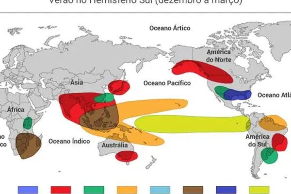 Mapa mostrando anomalias climáticas globais em dezembro a março, com destaque para regiões de calor e mudanças no tempo.