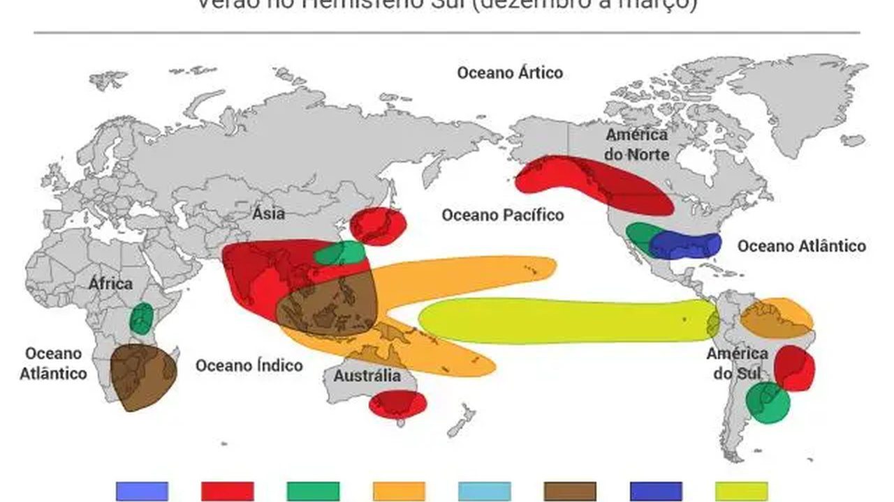 Mapa mostrando anomalias climáticas globais em dezembro a março, com destaque para regiões de calor e mudanças no tempo.