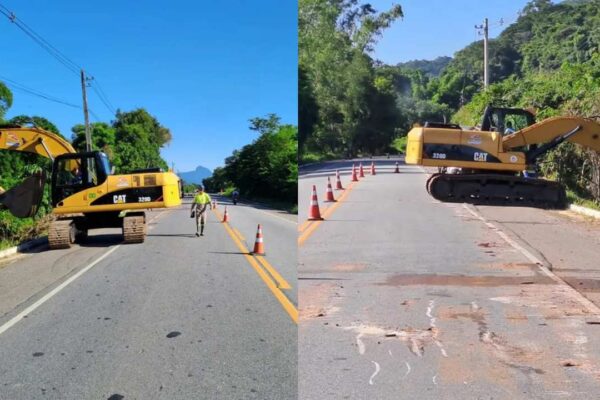 Máquinas e operários realizam manutenção na RJ-116, em Papucaia, com tráfego em meia pista.