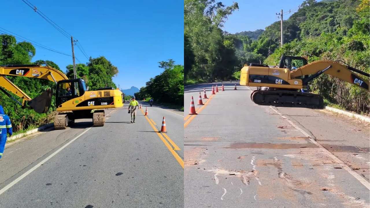 Máquinas e operários realizam manutenção na RJ-116, em Papucaia, com tráfego em meia pista.