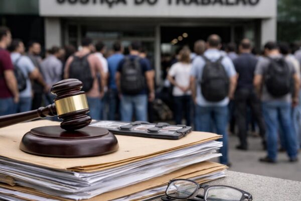 Martelo de juiz sobre documentos em frente a um tribunal com pessoas