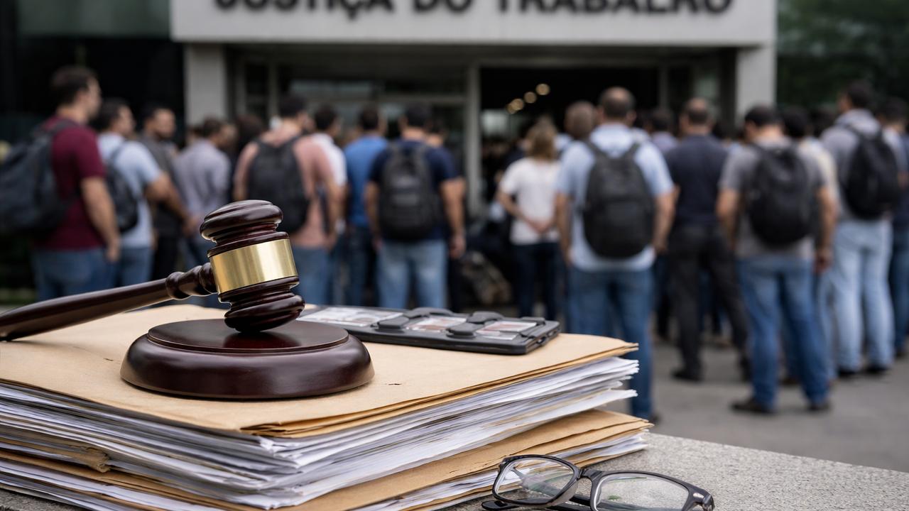 Martelo de juiz sobre documentos em frente a um tribunal com pessoas