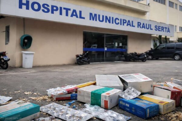 Medicamentos e embalagens espalhados em frente ao Hospital Municipal Raul Sertã.