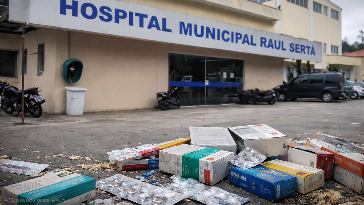 Medicamentos e embalagens espalhados em frente ao Hospital Municipal Raul Sertã.