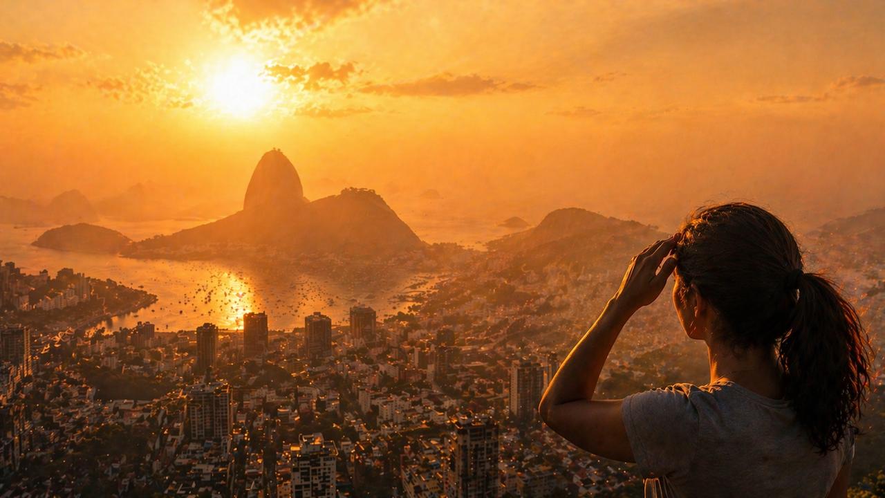 Mulher admira o pôr do sol no Rio de Janeiro, com céu alaranjado e vista da cidade.